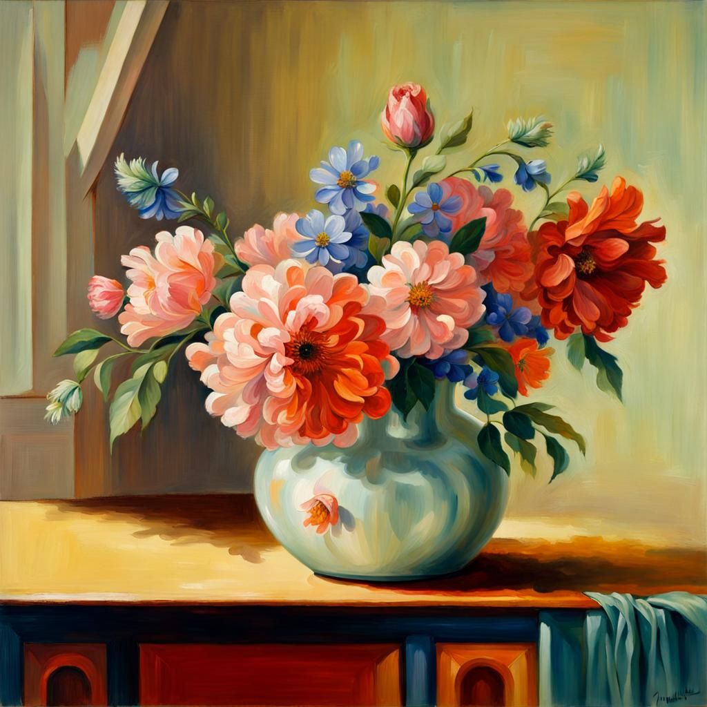Flower Vase Still Life in Impressionist Oil Painting
