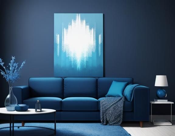 Stylish Blue Living Room in Hyperrealistic Splash Art