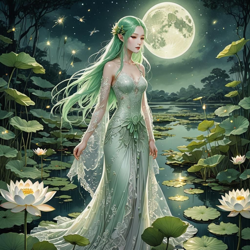 Elven Woman in Lotus Pond, Fantasy Art