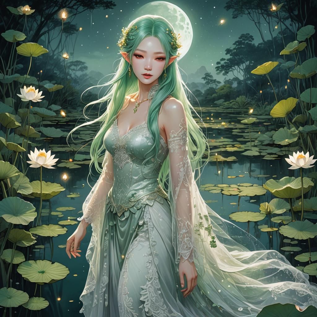 Moonlit Lotus Pond: Elven Bride in Amano Style