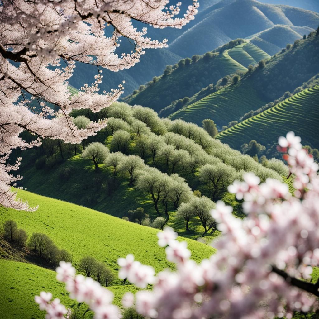 Almond Blossoms on a Japanese Hillside