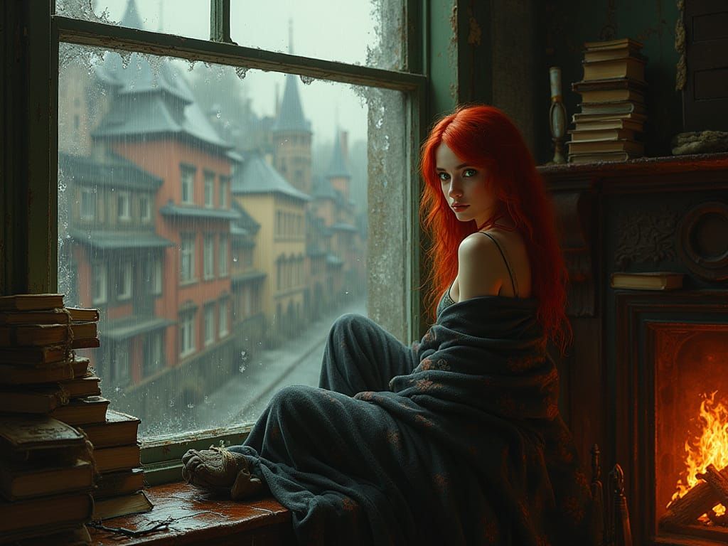 Victorian Woman Gazing at Rain, Art Nouveau Style