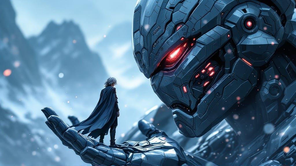 Anime Hero on Mecha Palm in Dramatic Lighting