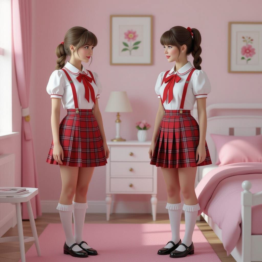 Two Women in School Uniforms in Sci-Fi Bedroom