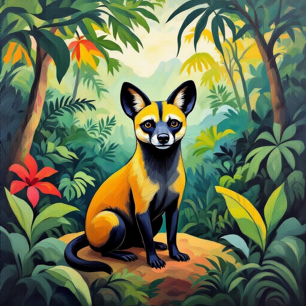 Bush Dog in Tropical Forest, Neo-Impressionist Style