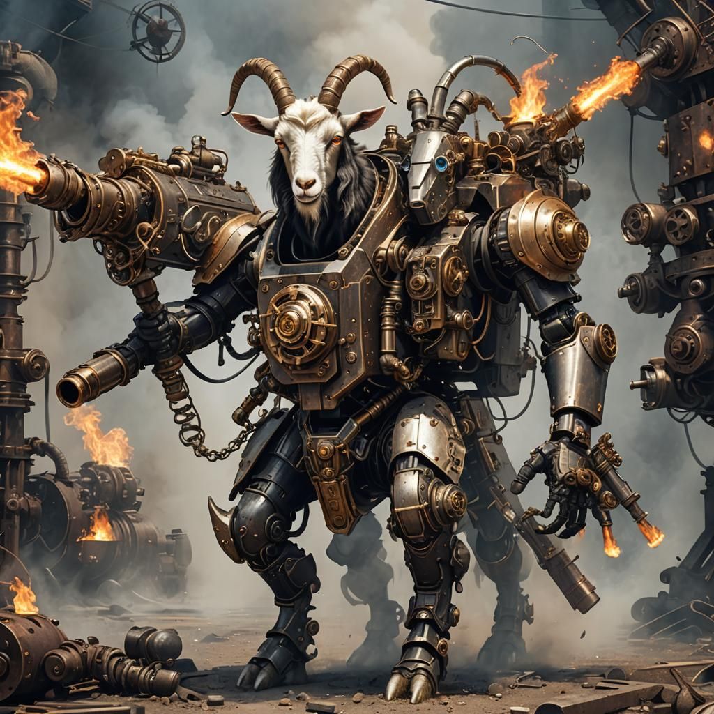 Steampunk Goat Mech Warrior with Flaming Sword