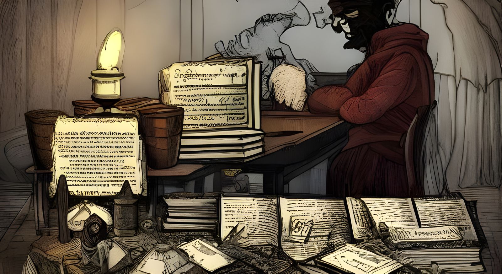 Eldritch Researcher in Mysterious Library