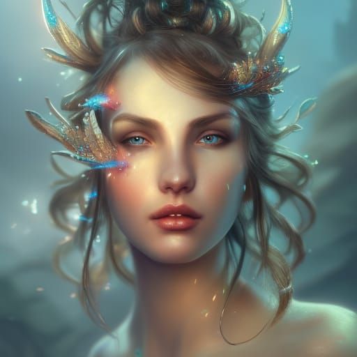 Beautiful Mermaid Queen Portrait in Art Nouveau Style