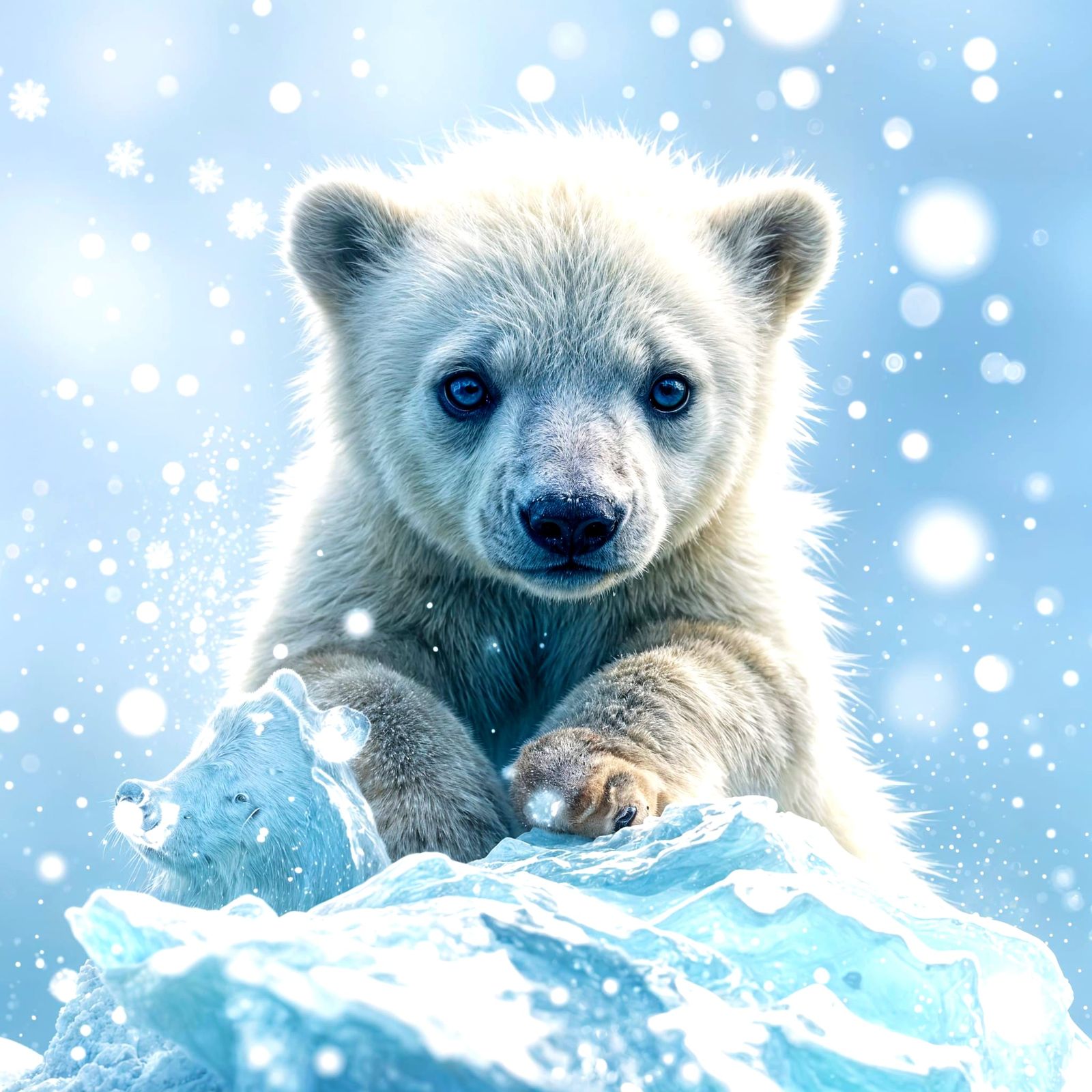 Surreal Snowy Wonderland with Adorable Polar Bear Cub