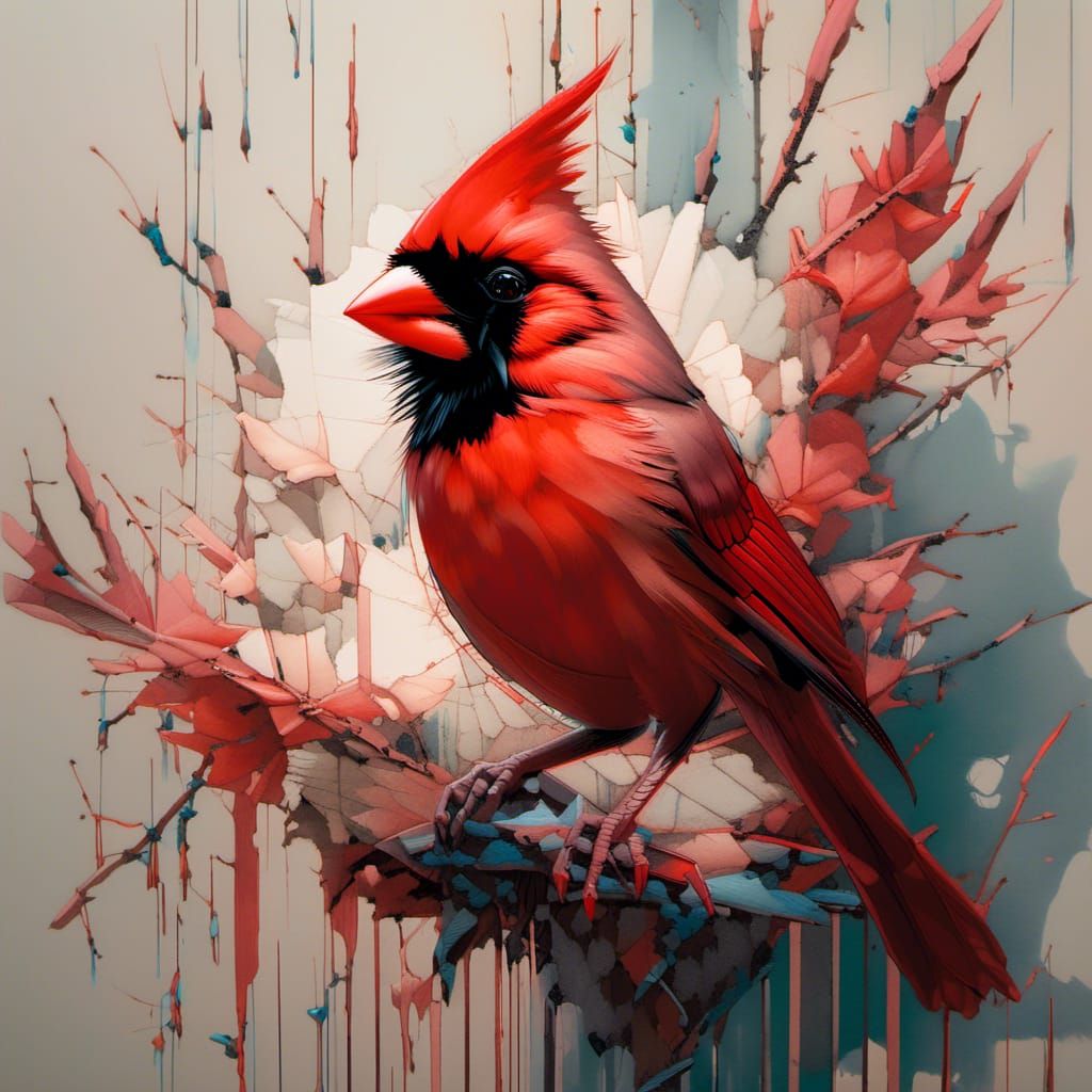 Red Cardinal Bird: Fantasy Digital Airbrush Art