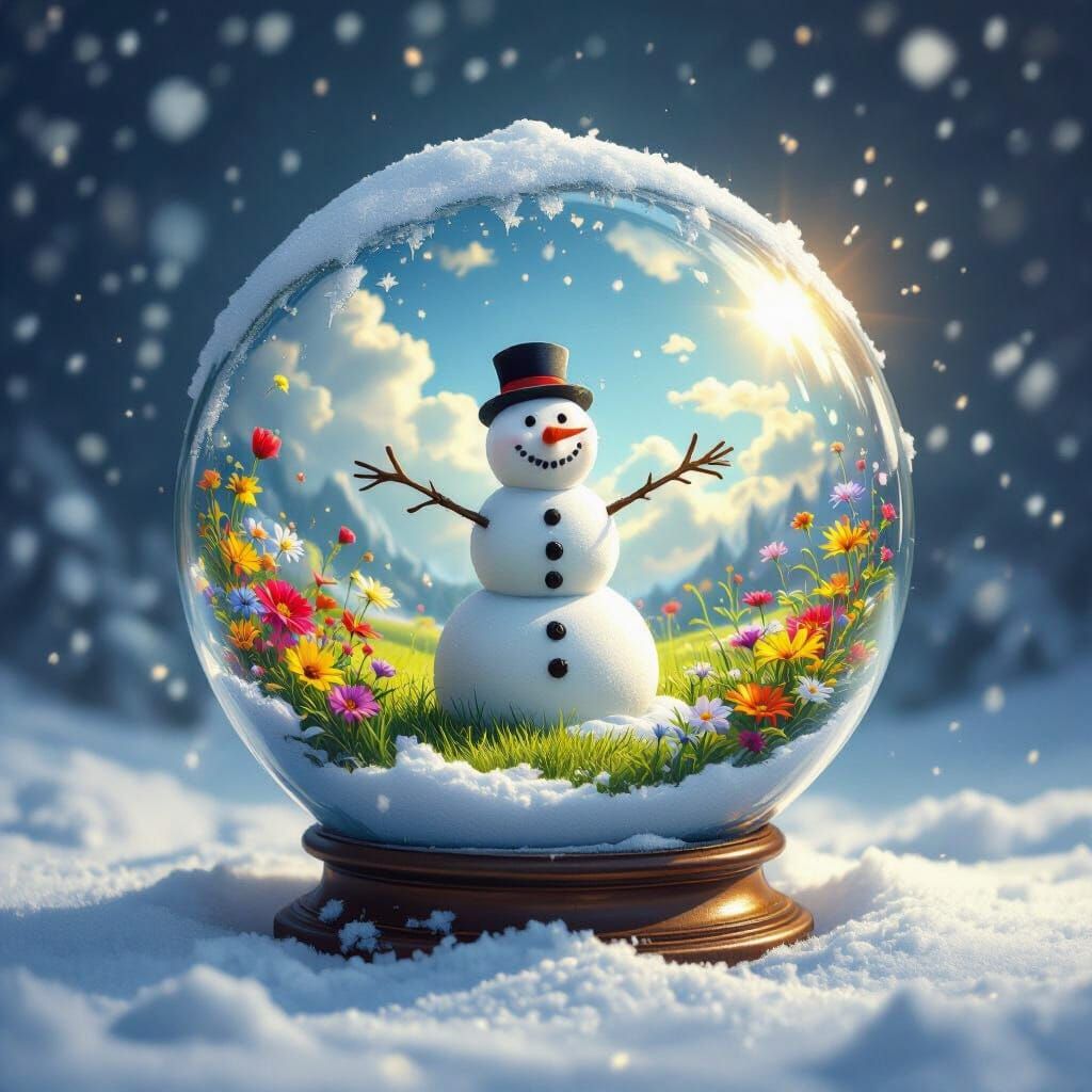 Surprised Snowman in Summer Globe Faces Winter Storm