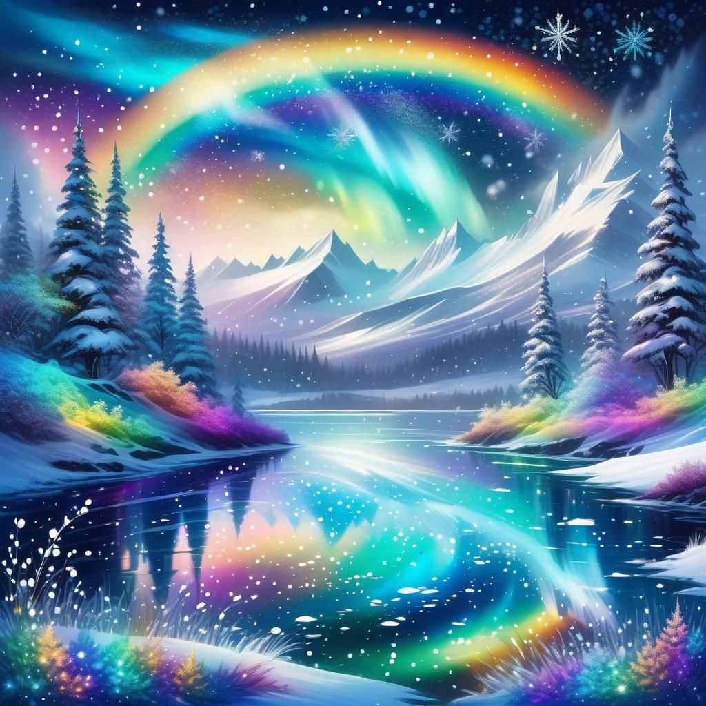 Rainbow Winter Wonderland with Aurora Borealis