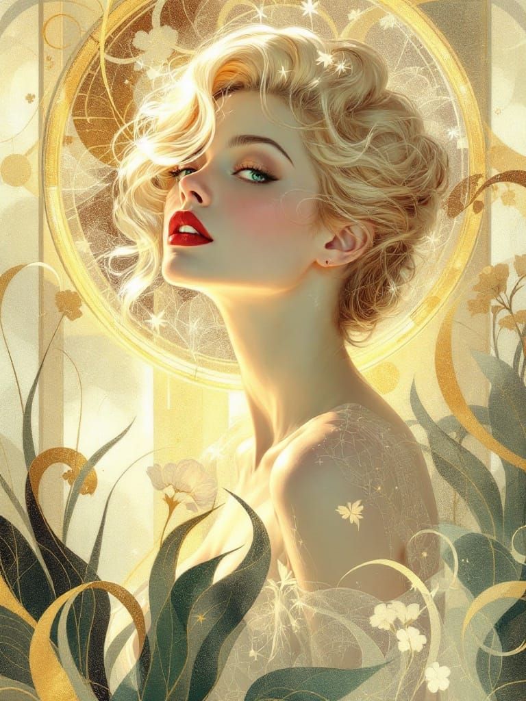 Art Nouveau Pin-Up with Golden Flame