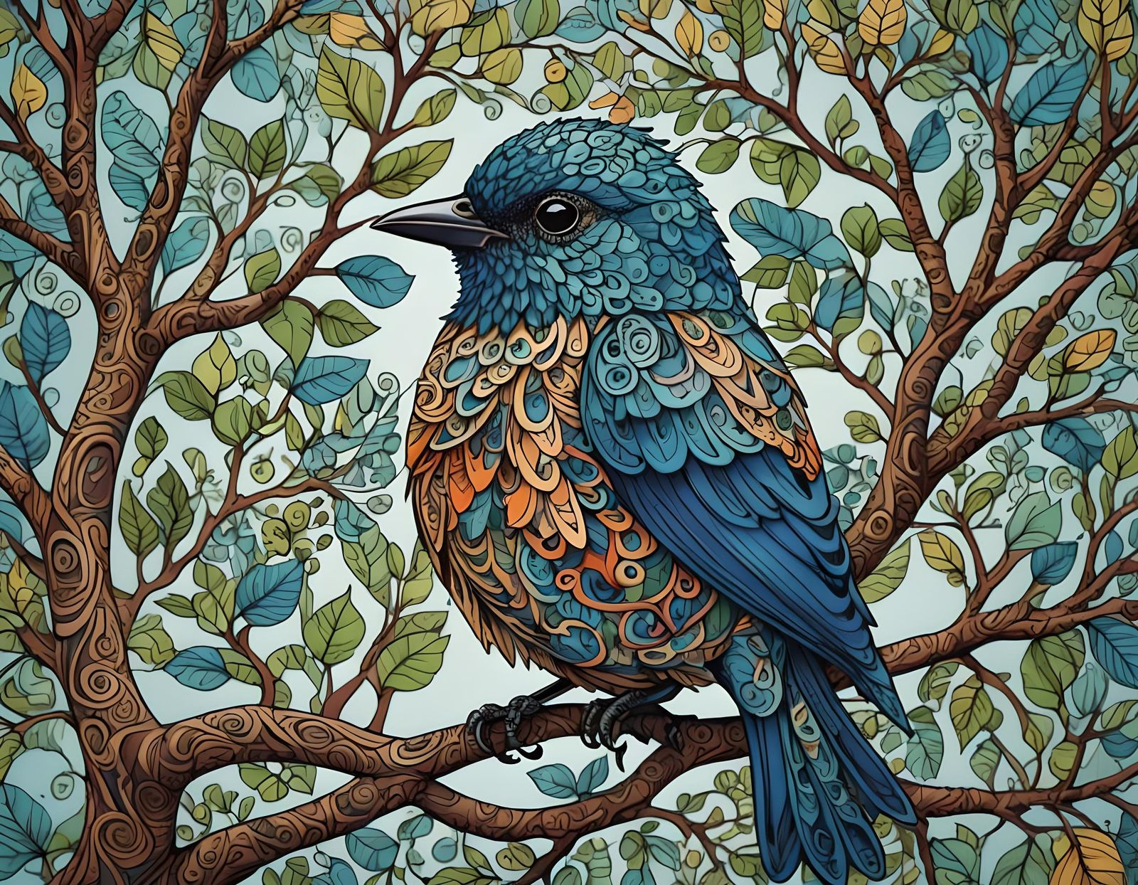 Zentangle Portrait of a Blue Bird in Tree