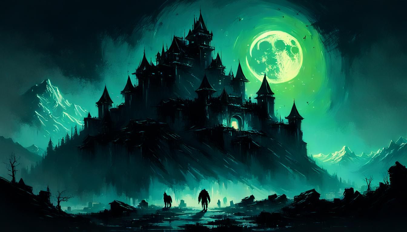 Neon Horror Werewolf Castle in Urban Impressionist Style