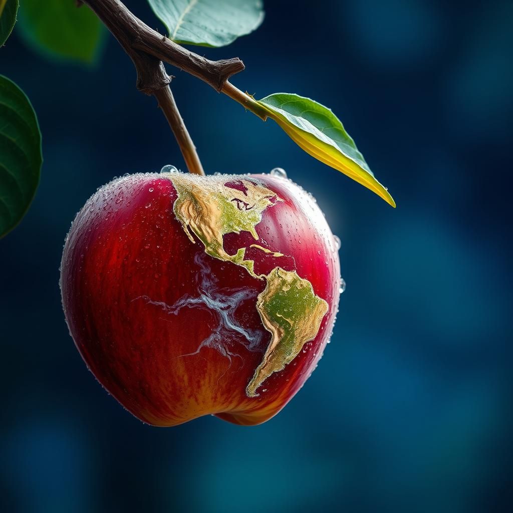 Earth-like Apple Hanging from Branch in Splash Art Style