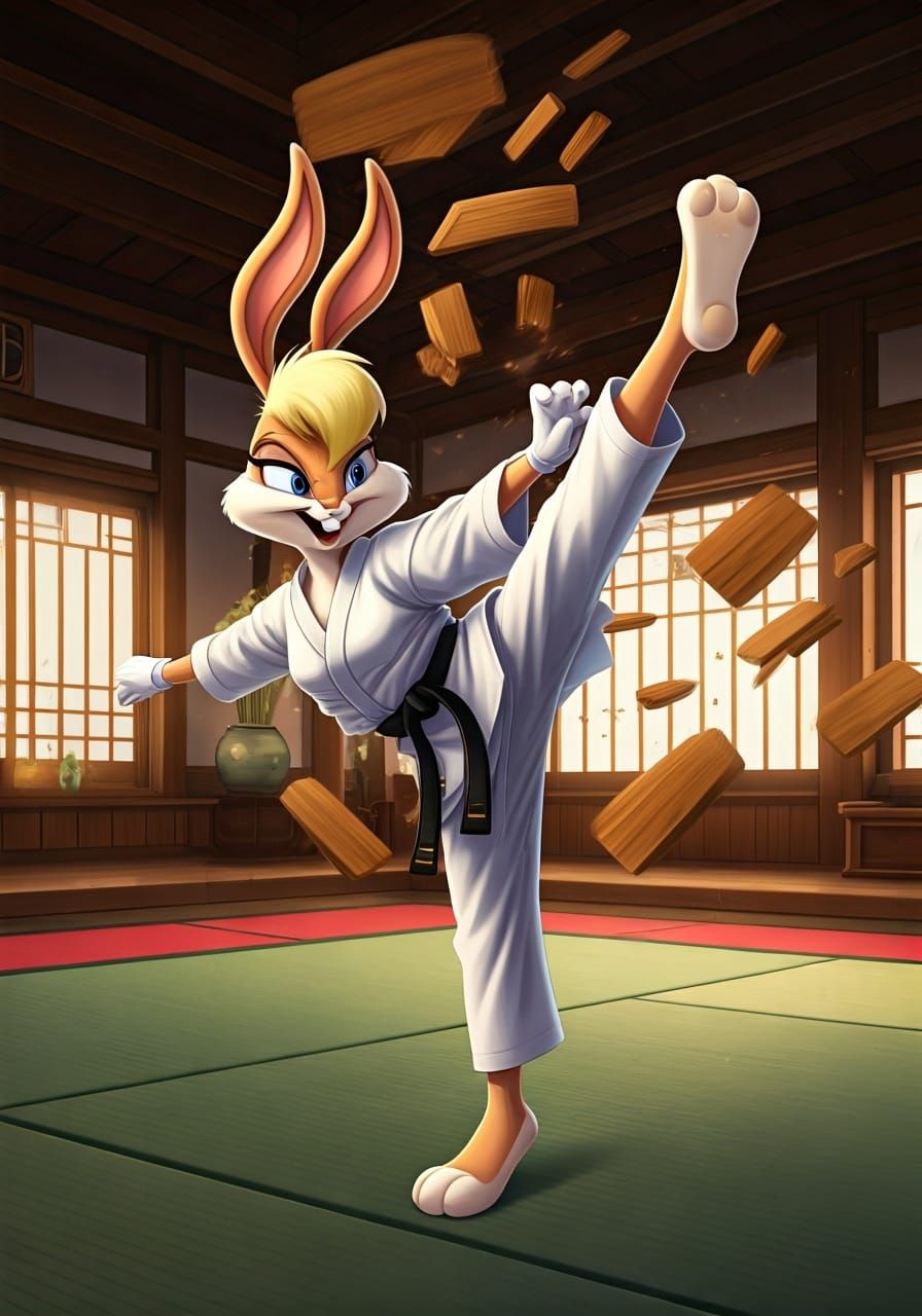 Lola Bunny Practices Karate in Dojo: Vibrant Illustration