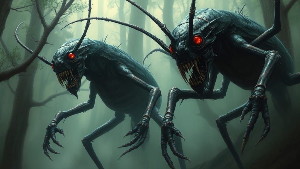 Dark Abyssal Beasts in a Haunting Forest, Oil Painting, Fant...