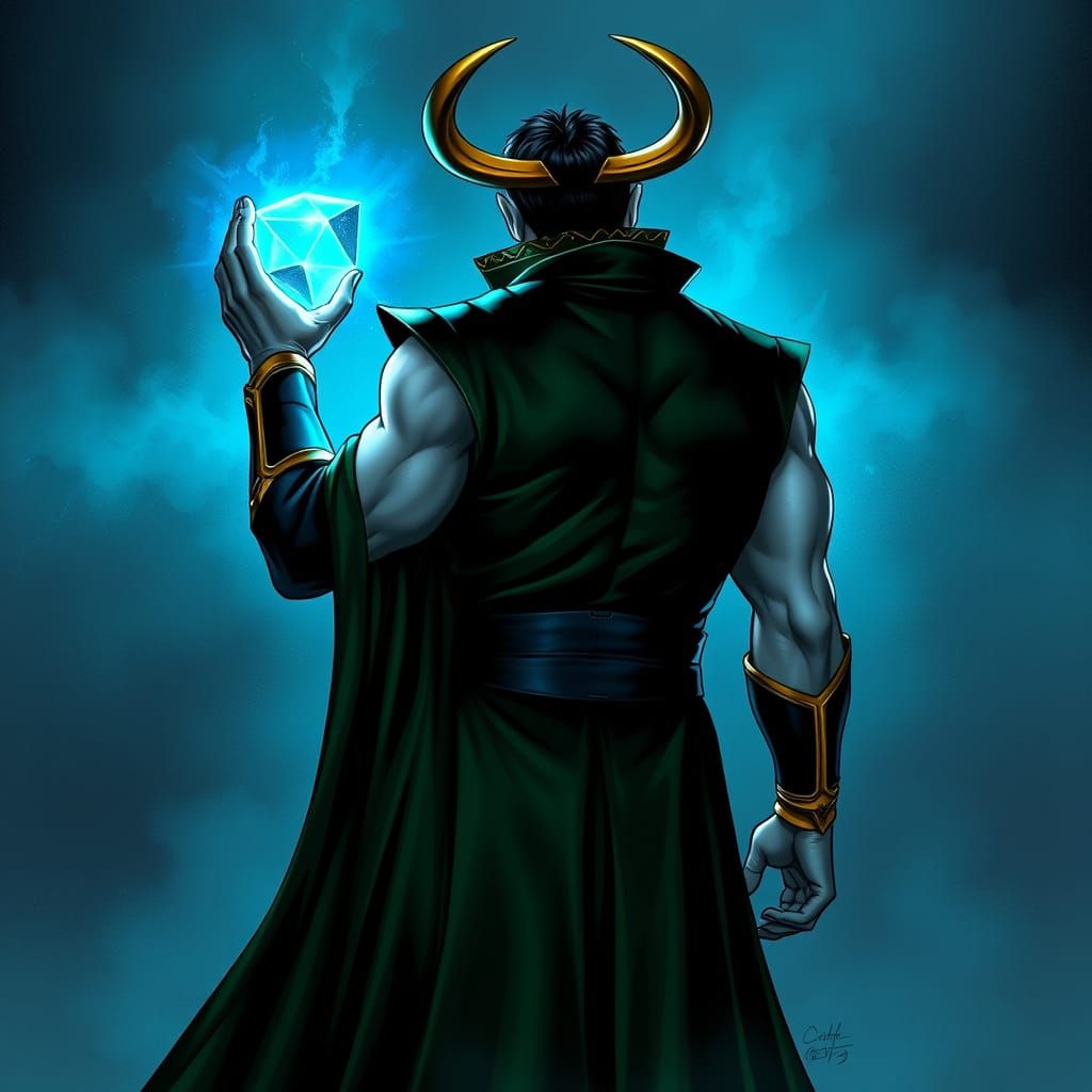 Loki as Beefcake God Holds Space Stone and Tesseract