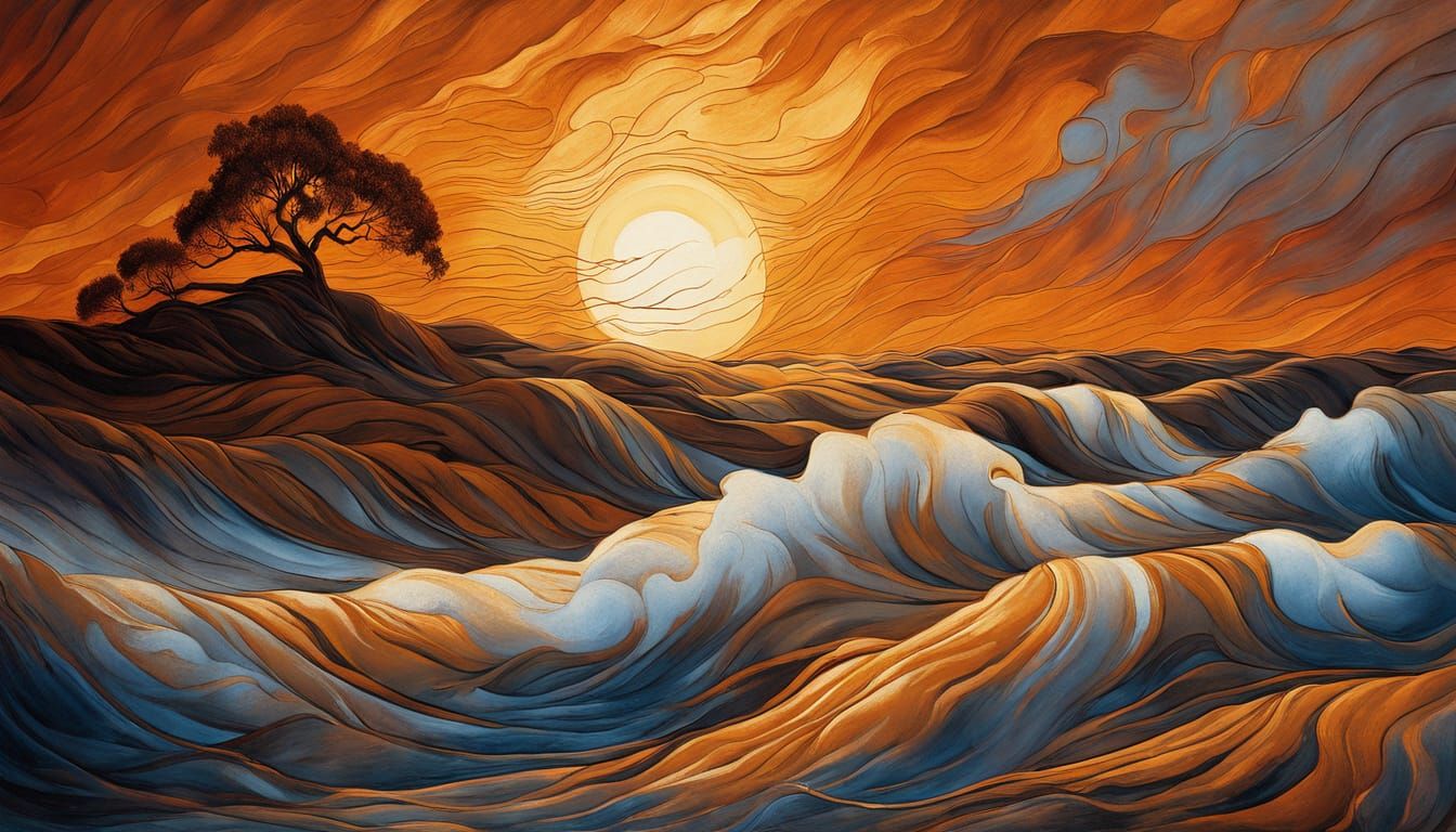 Golden Landscape in the Wind: Encaustic Artwork