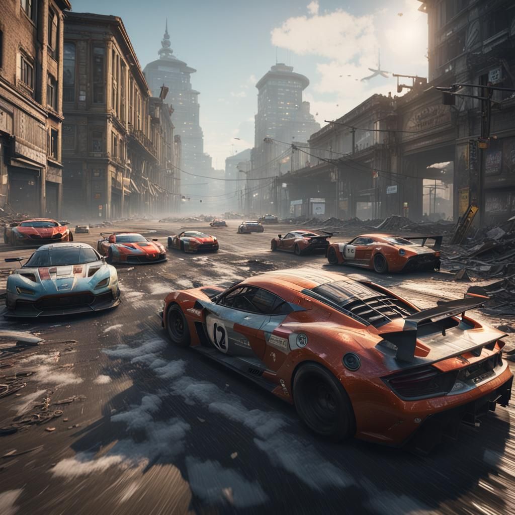 Sport Cars Race Through Abandoned City: 3D Rendering