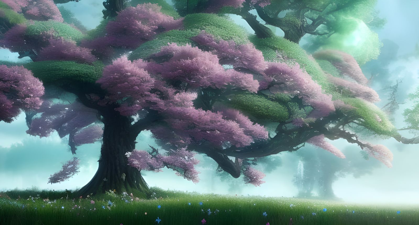 Magical Blossom Tree in Japanese Landscape, Digital Art