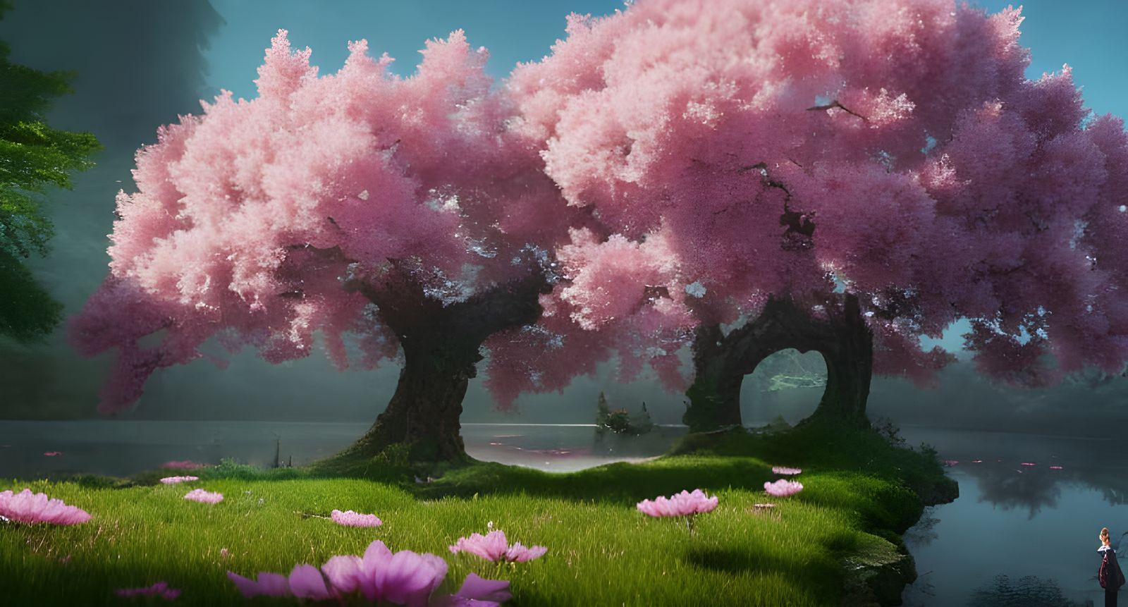 Magical Blossom Tree in Japanese Landscape