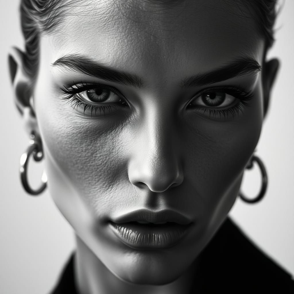 High-End Fashion Model's Face in Extreme Closeup, B&W, High-...