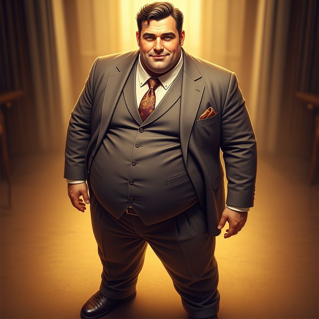 Confident Man in Suit with Large Belly, Golden Lighting