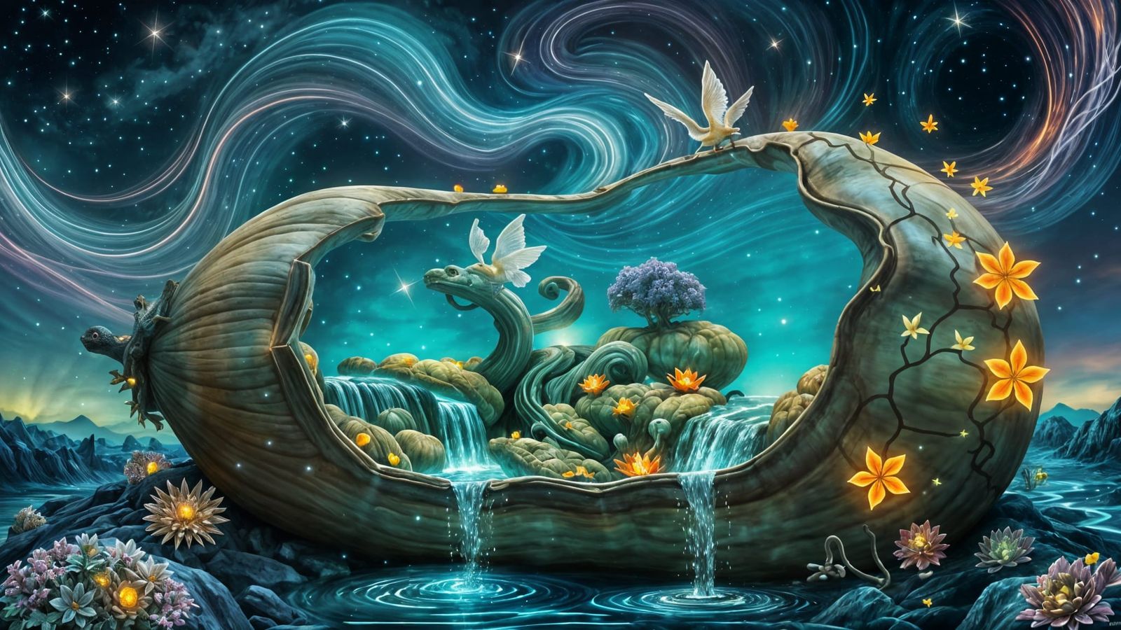 Mystical Realm Inside a Cracked Gourd