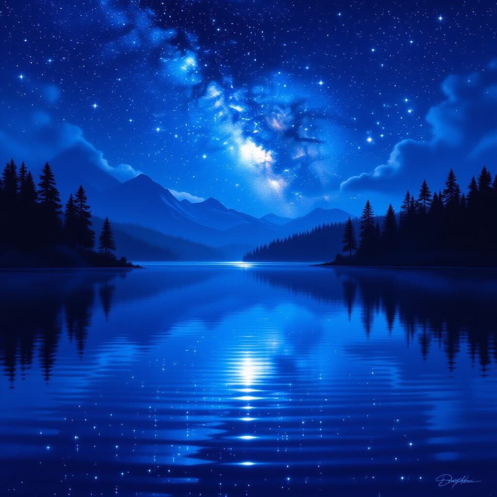 Serene Lake Reflecting Starry Night Sky