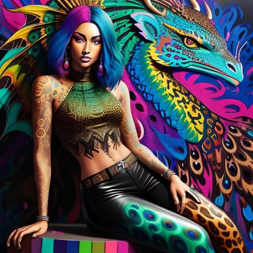 Colorful Dragon Scale Woman in Graffiti Art Style