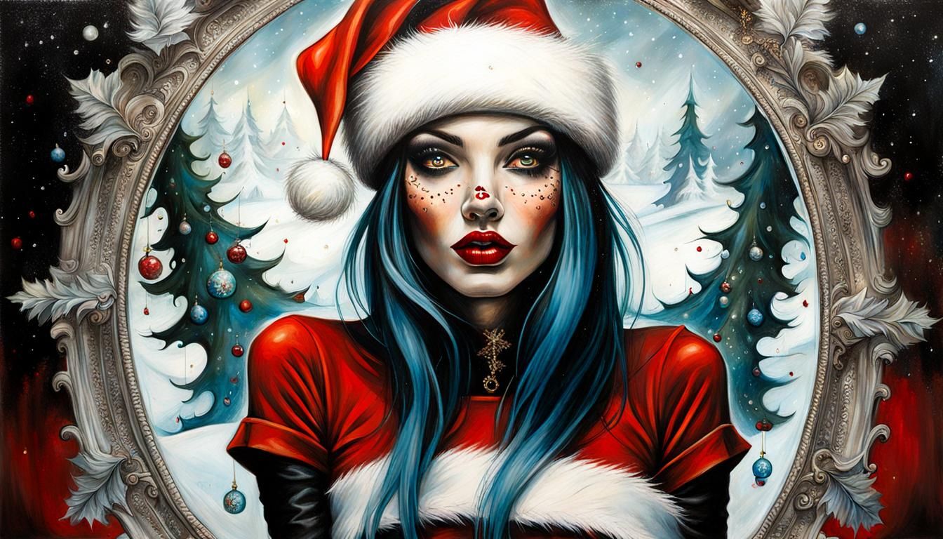 Festive Santa Girl Portrait in Dark Surrealist Style