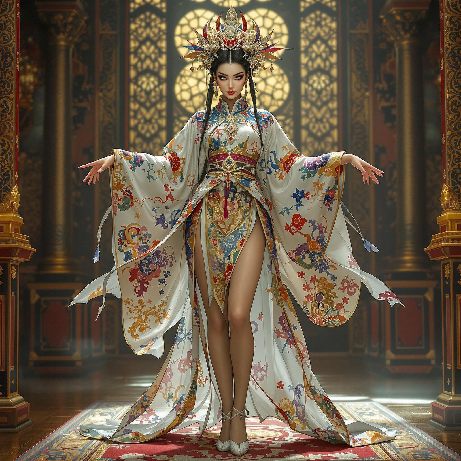 Japanese Shinto Priestess in Opulent Room
