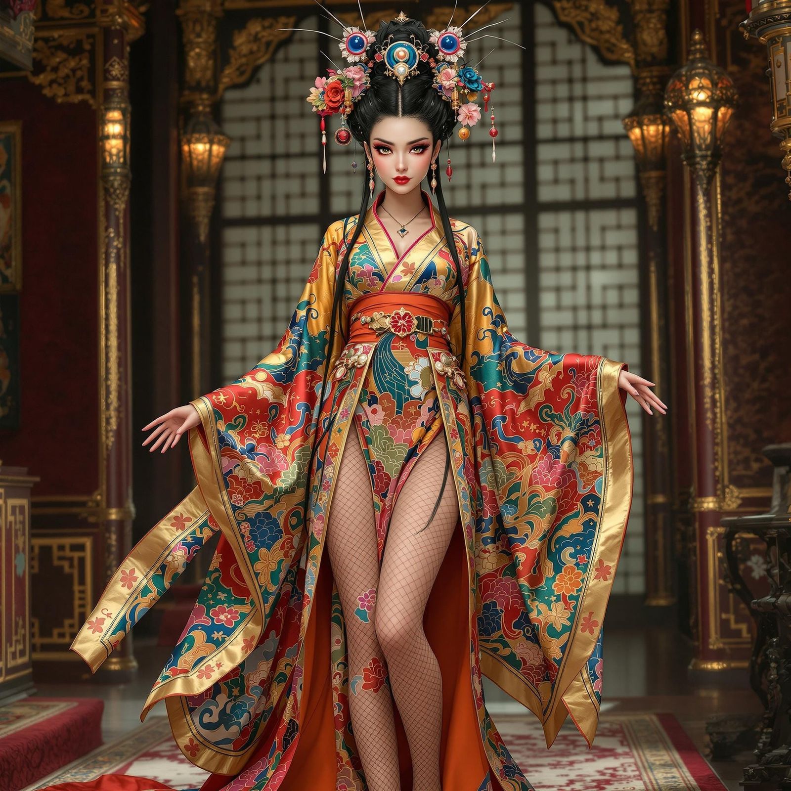 Shinto Priestess in Opulent Room, Futuristic Realism