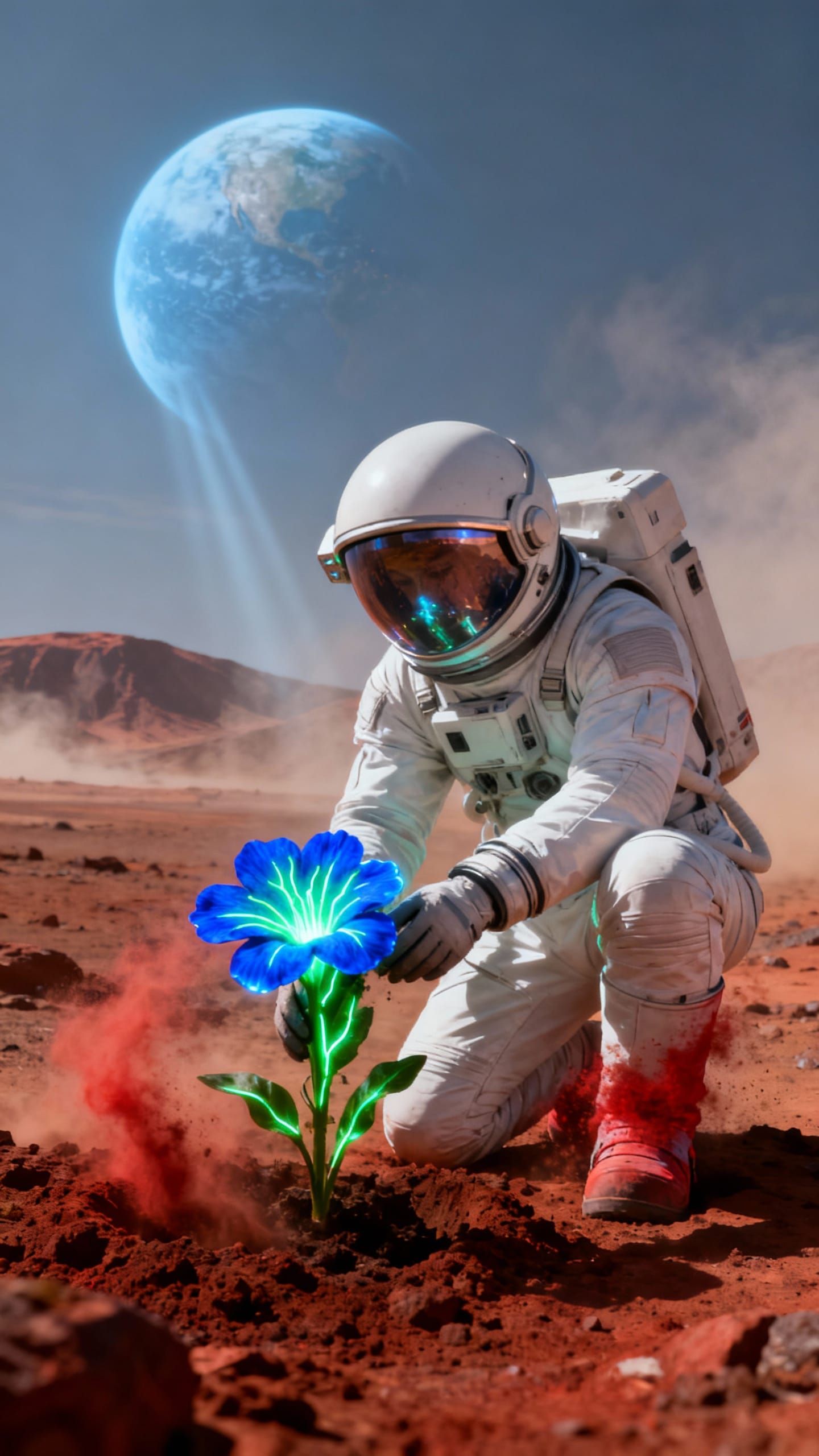 Astronaut Plants Glowing Flower on Mars, Earthrise View