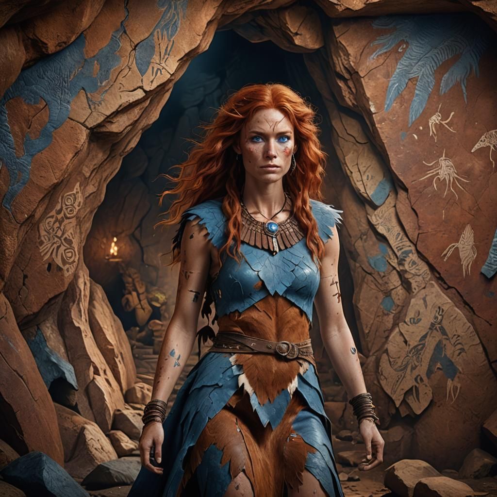 Cave Woman with Red Hair and Cave Drawings
