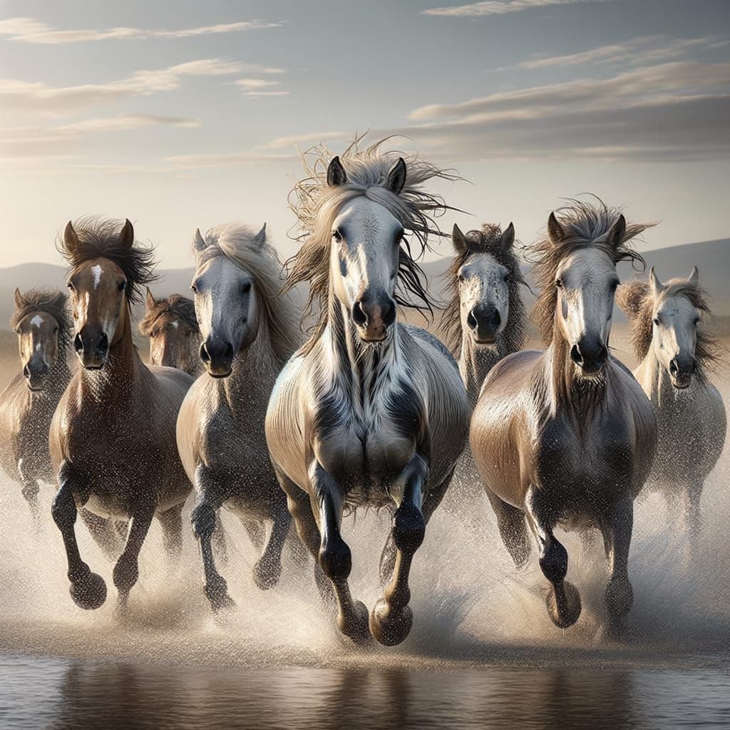 Wild Horses Gallop Across Shimmering Water in Unbridled Free...
