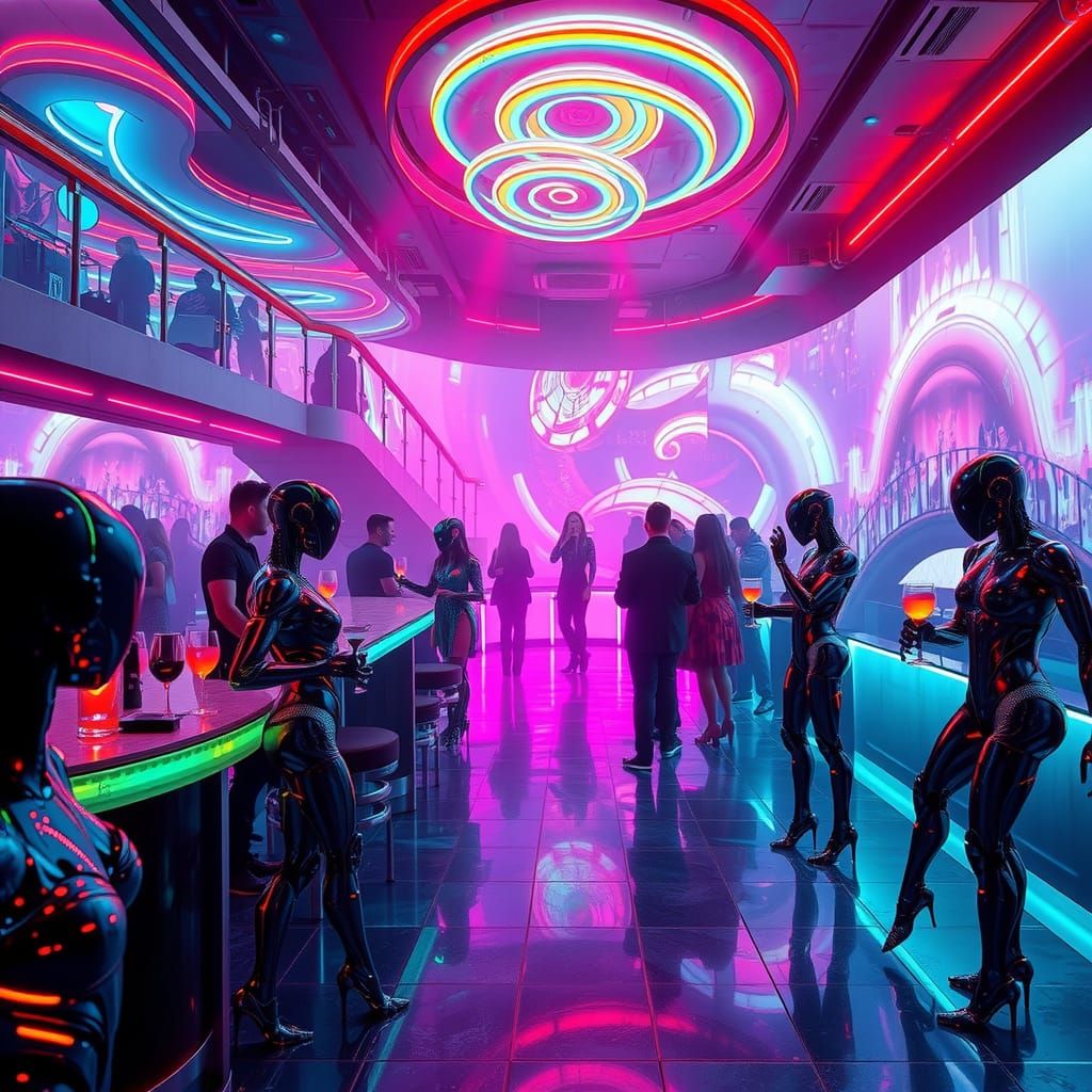 Vibrant Cyberpunk Underground Club with Robotic Patrons