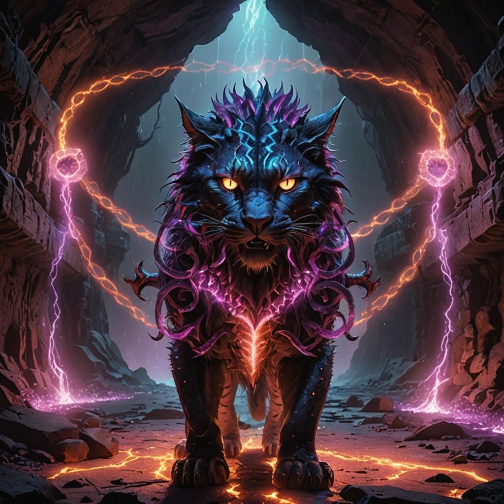 Ancient Cat in Draconic Tunnels: Dark Fantasy Art