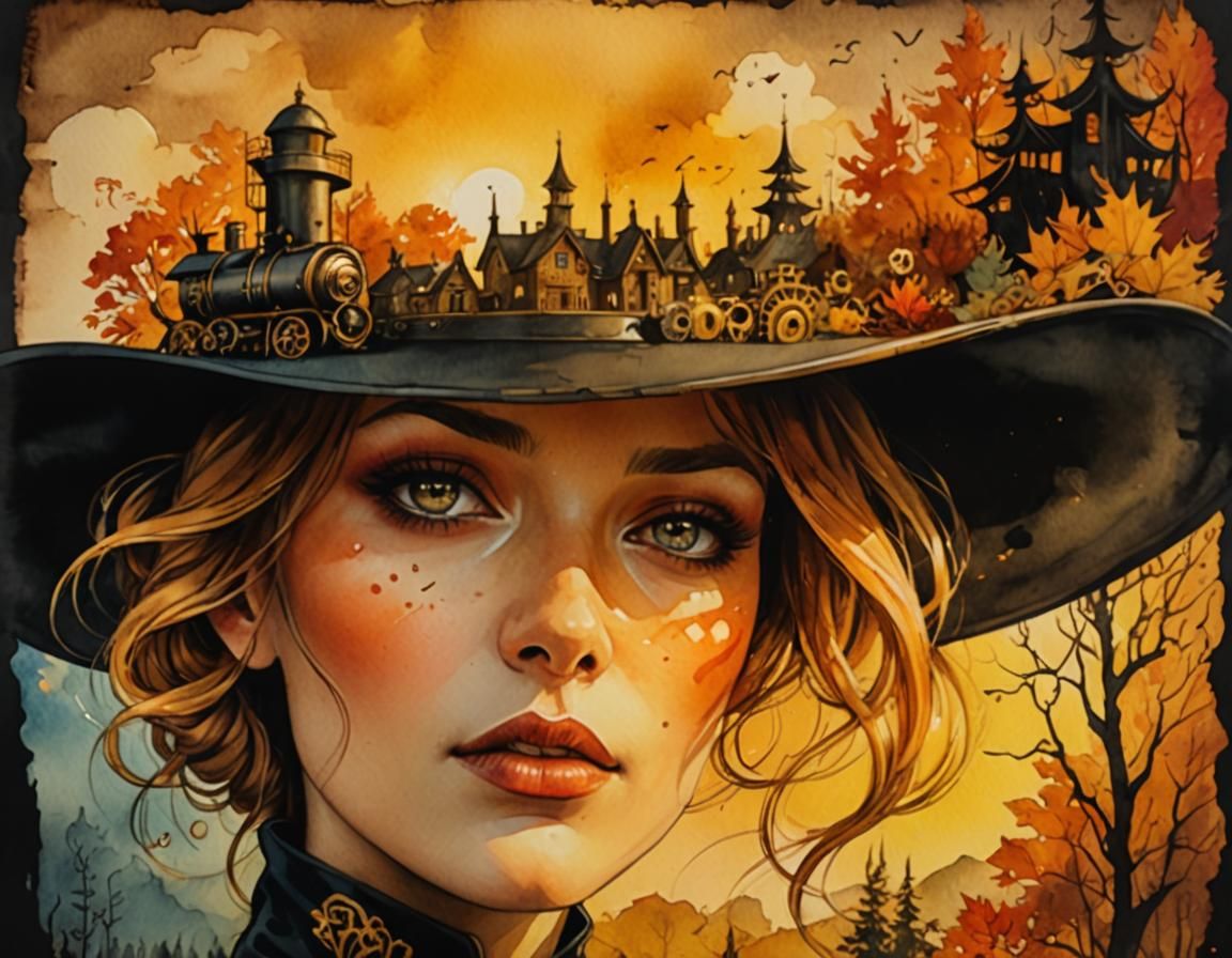 Steampunk Woman Portrait with Autumn Hat
