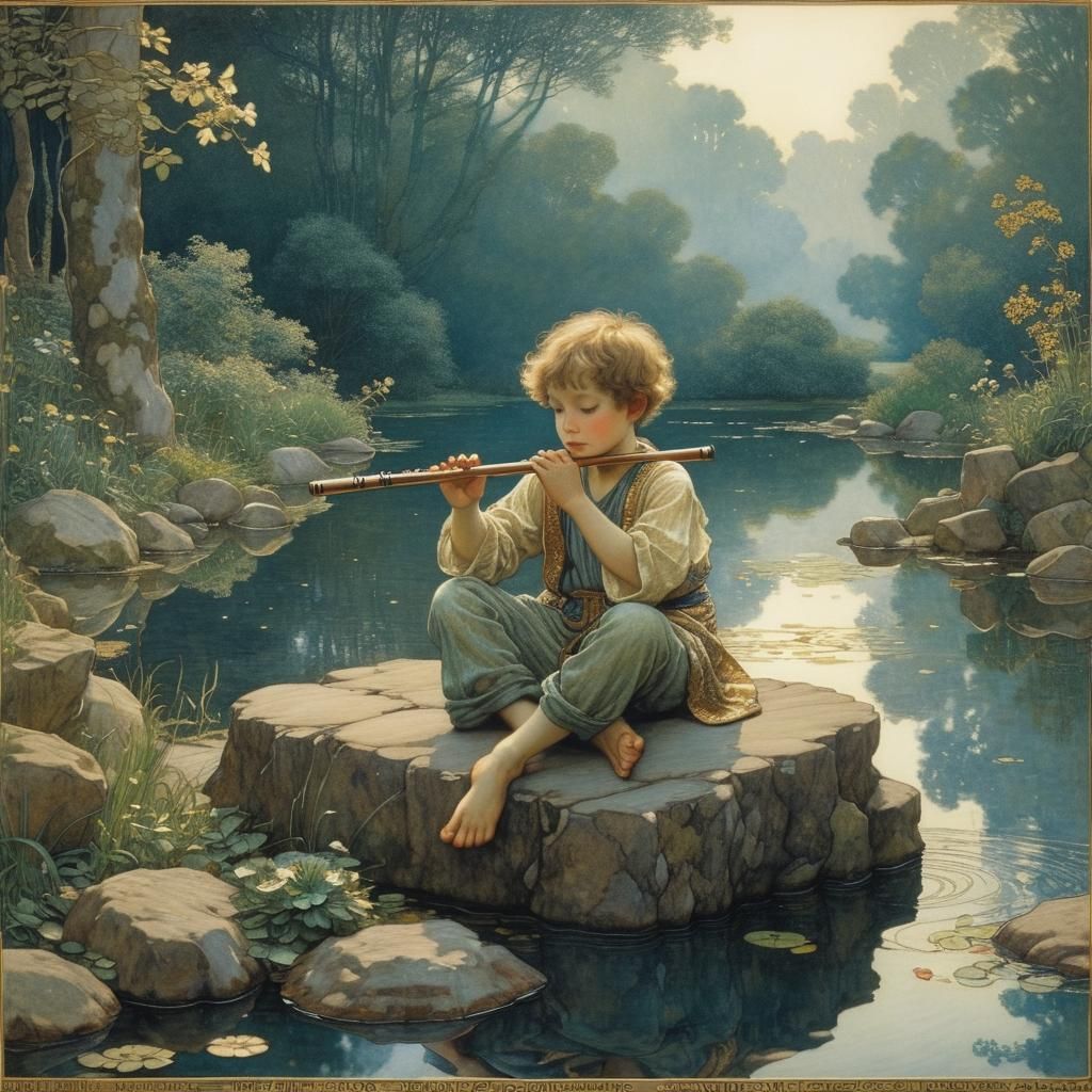 Boy Plays Flute in Symbolic, Jugendstil Style