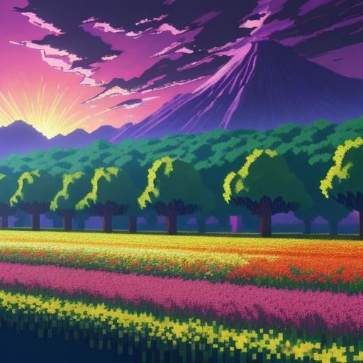 Minecraft Flower Field by River in Anime Style