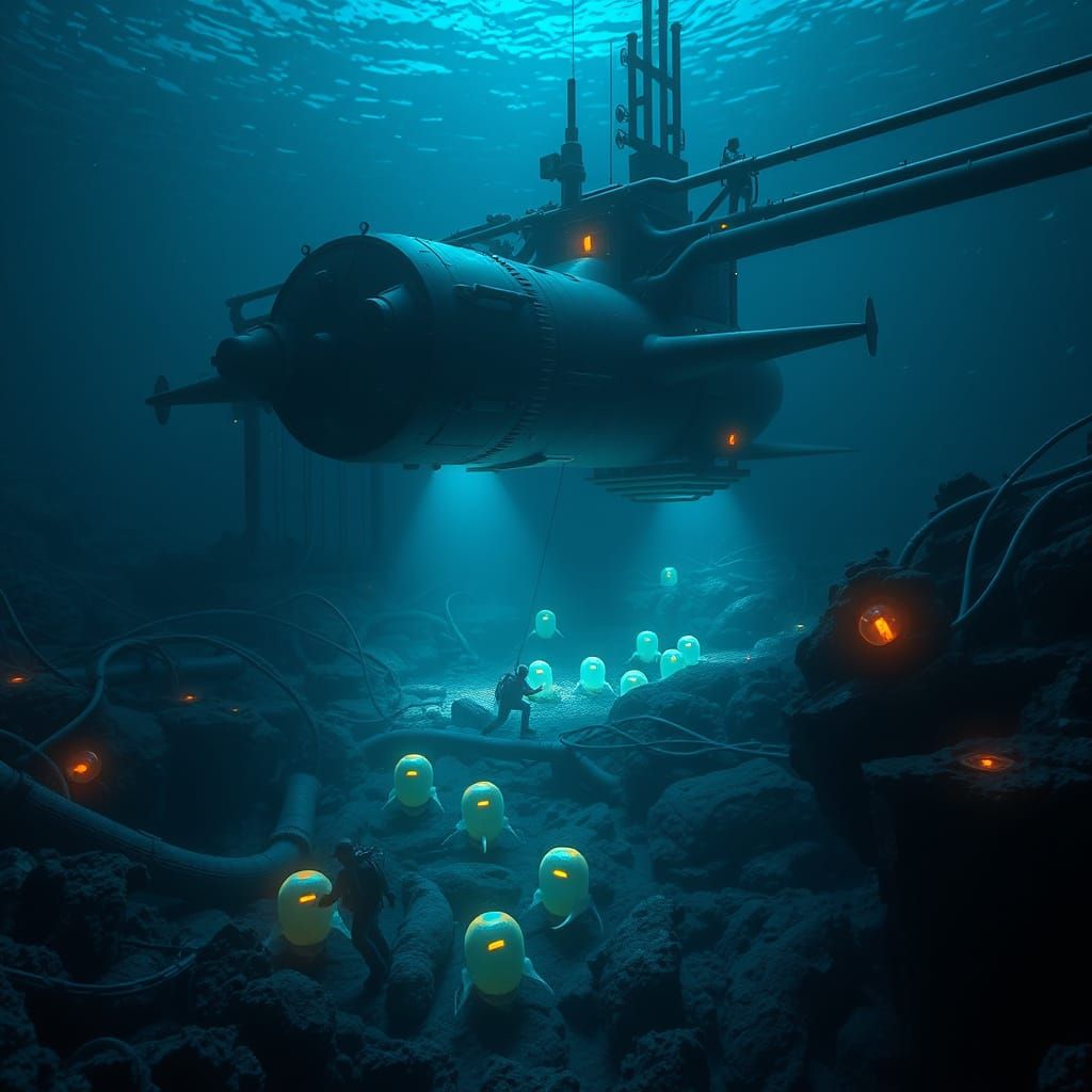 Hydronaut Crew Planting Sensors in Bioluminescent Ocean