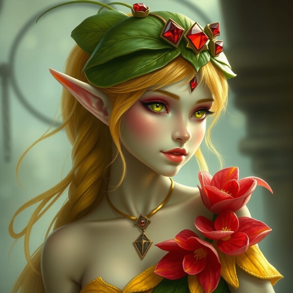 Ethereal Elf with Leaf Adornments in Fantasy Style