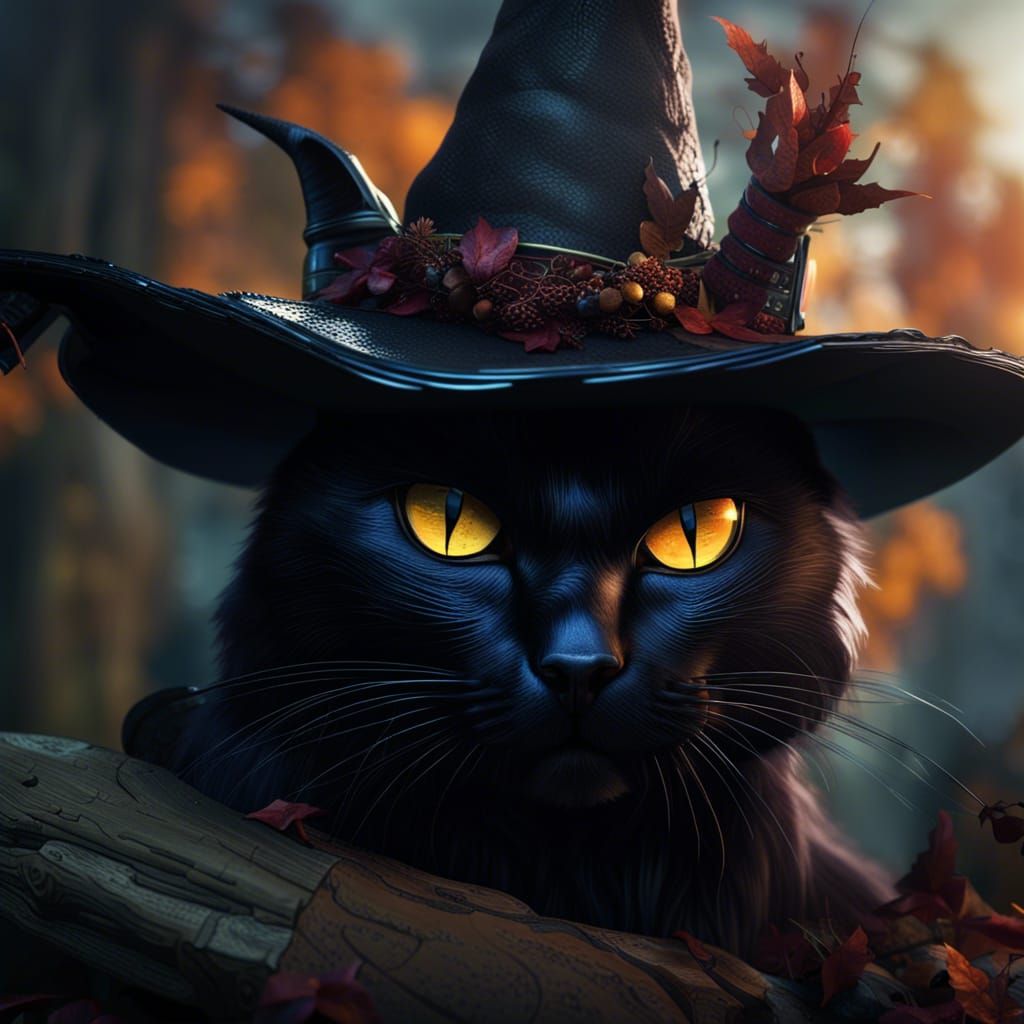 Black Cat in Witch Hat: Fantasy Art