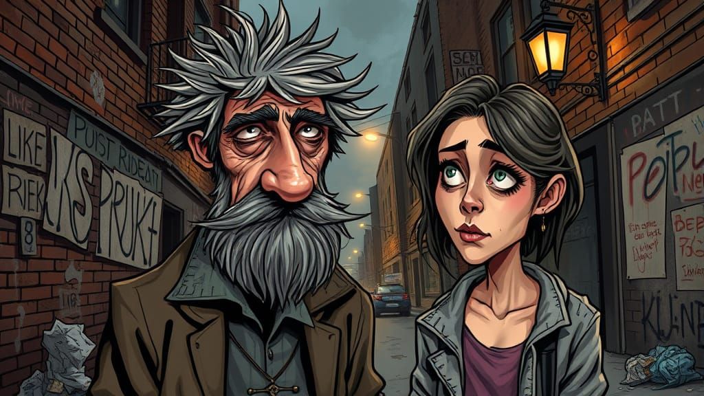 Gritty Urban Satire: Homeless Figures in Hyper-Realistic Car...