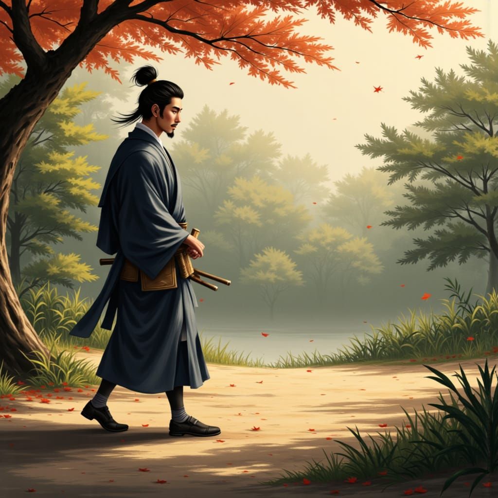 Prince Genji in Heian Era Park with Volumetric Lighting