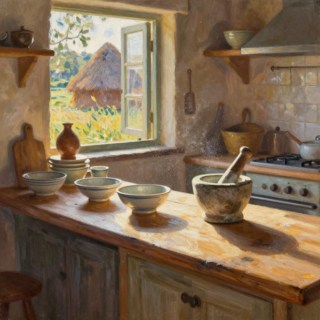 Sunlit Rustic Kitchen Captured in Impressionistic Style