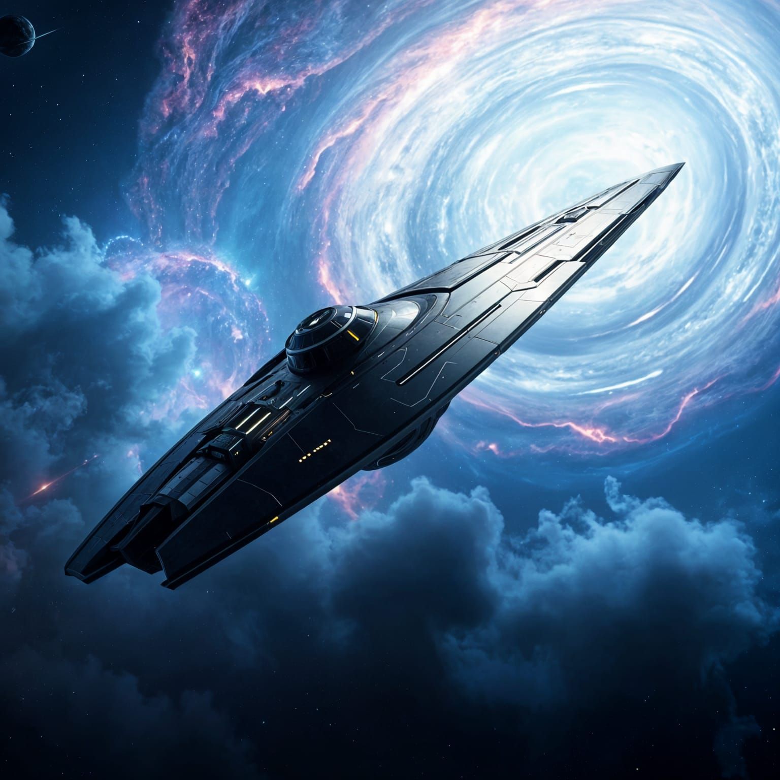 Futuristic Spaceship Flying Past Nebula in Sci-Fi Style